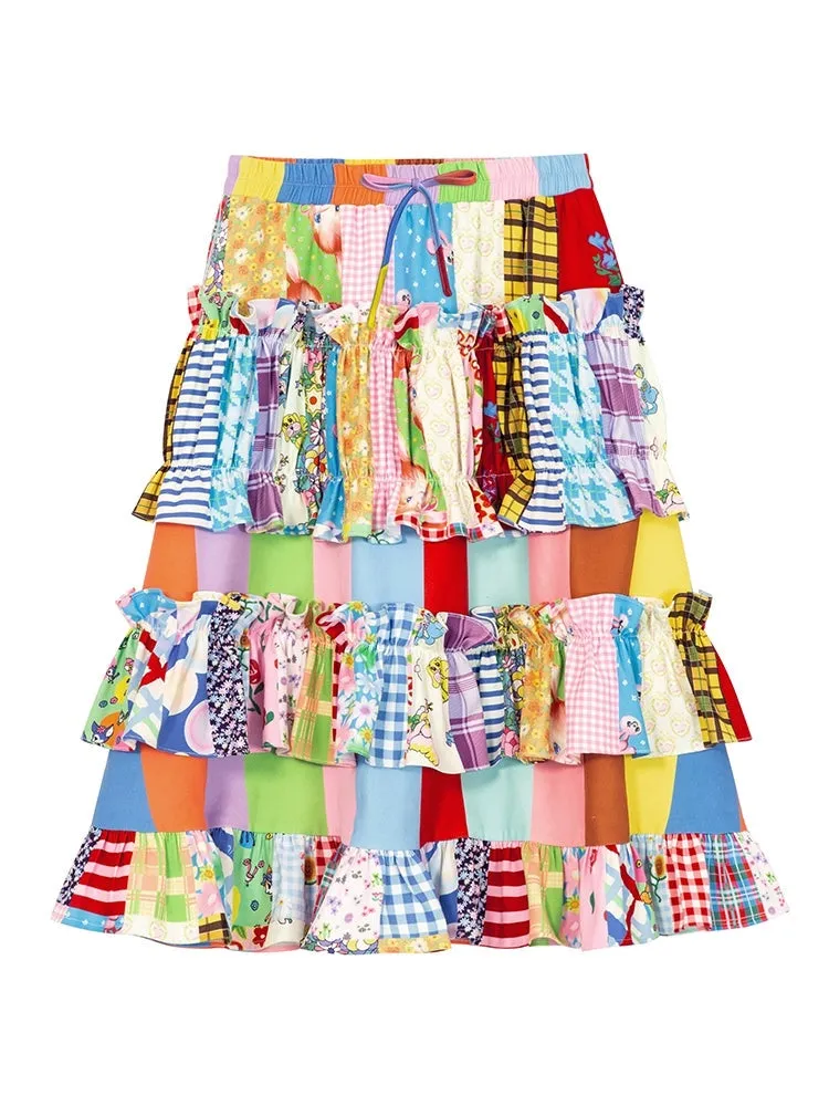 Patchwork Retro Ruffled Skirt