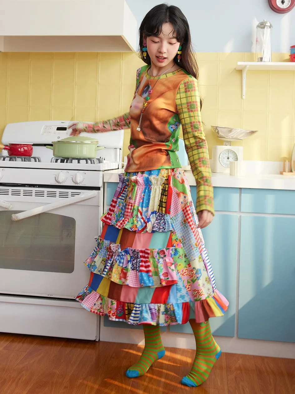 Patchwork Retro Ruffled Skirt