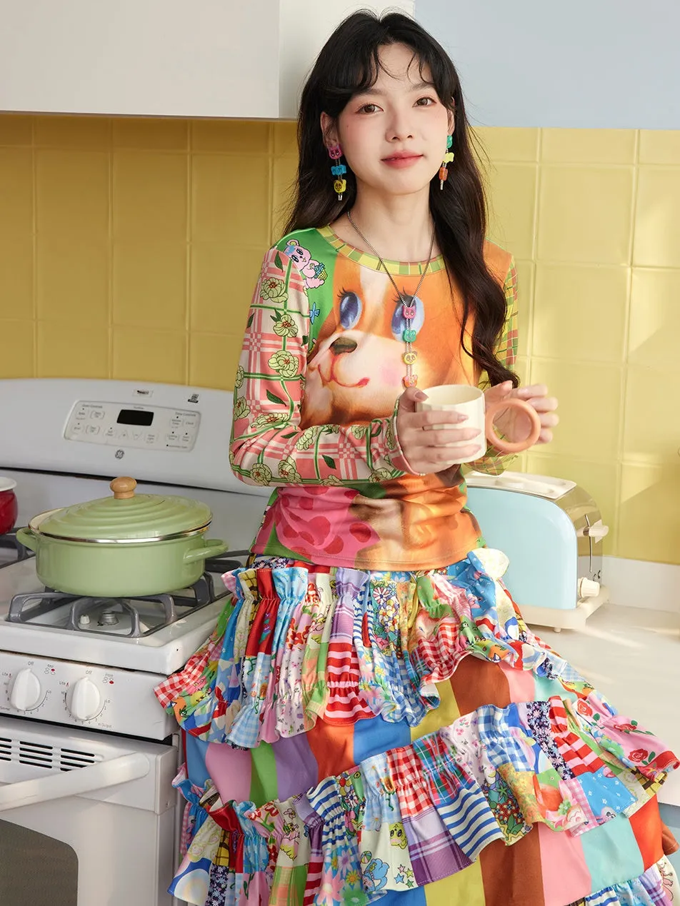 Patchwork Retro Ruffled Skirt