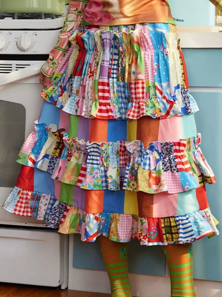 Patchwork Retro Ruffled Skirt