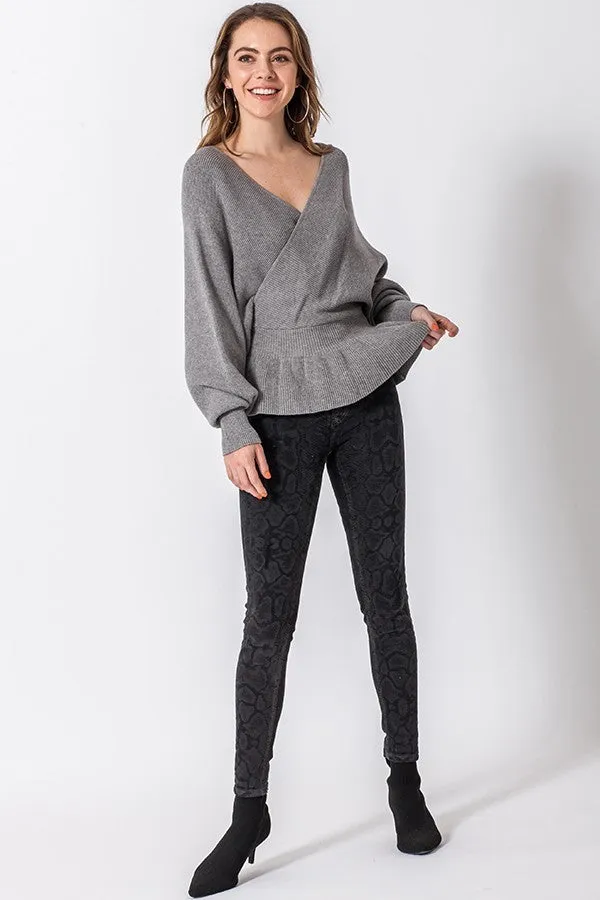 Peplum Ribbed Knit Sweater Top In Black