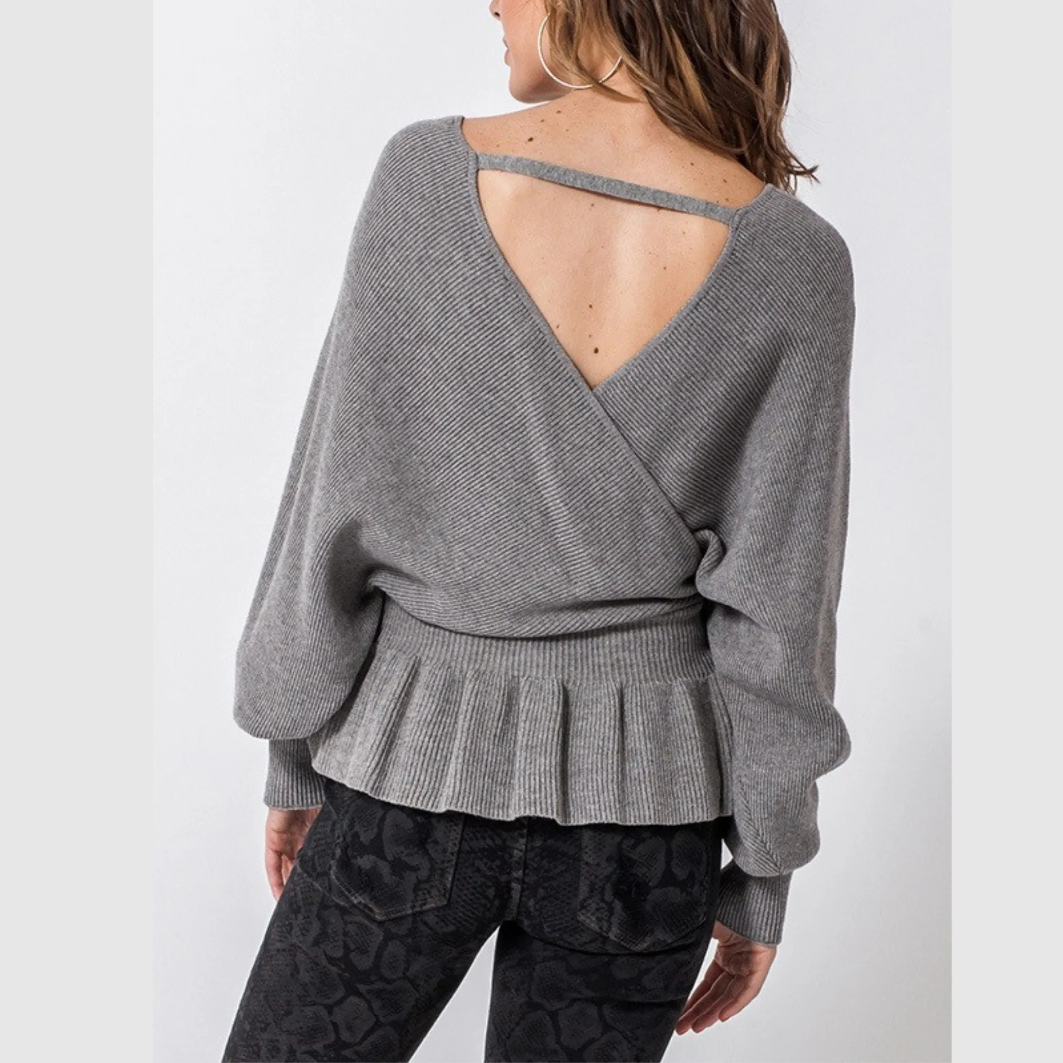 Peplum Ribbed Knit Sweater Top In Black