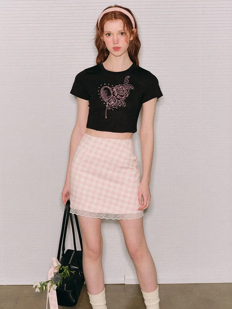 Plaid Lace Stitch A-Line Mini Skirt