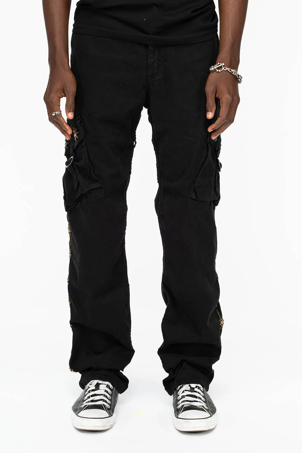 ROBINS NEW MILITARY STYLE CARGO PANTS IN BLACK WITH WITH GUNSLINGER CRYSTAL MOTIF