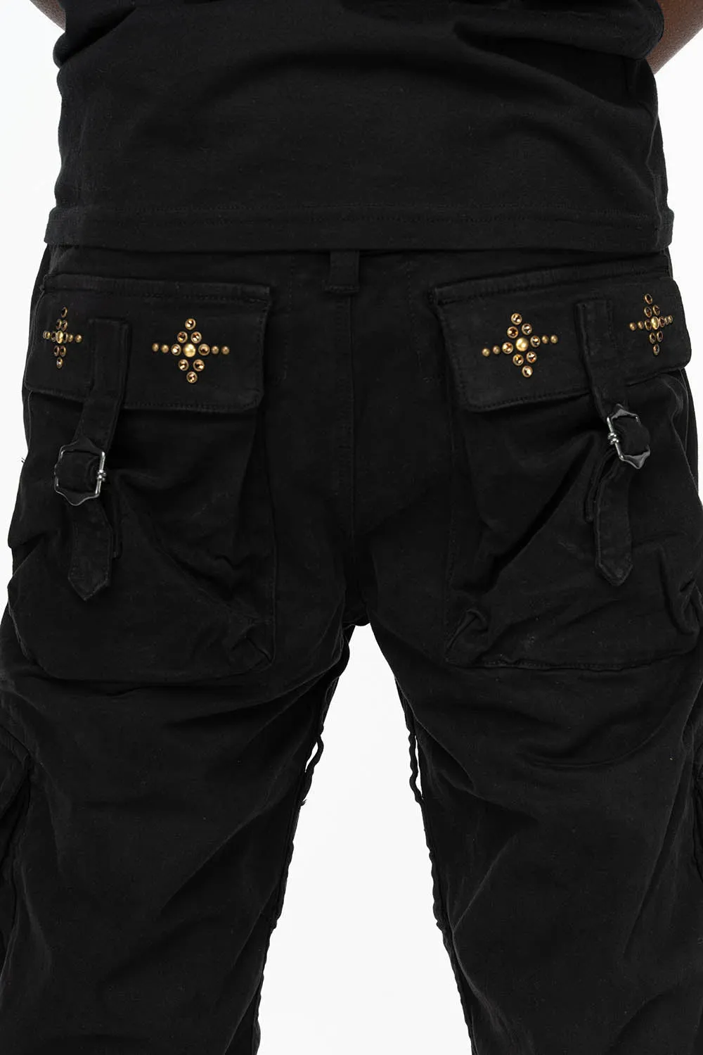 ROBINS NEW MILITARY STYLE CARGO PANTS IN BLACK WITH WITH GUNSLINGER CRYSTAL MOTIF