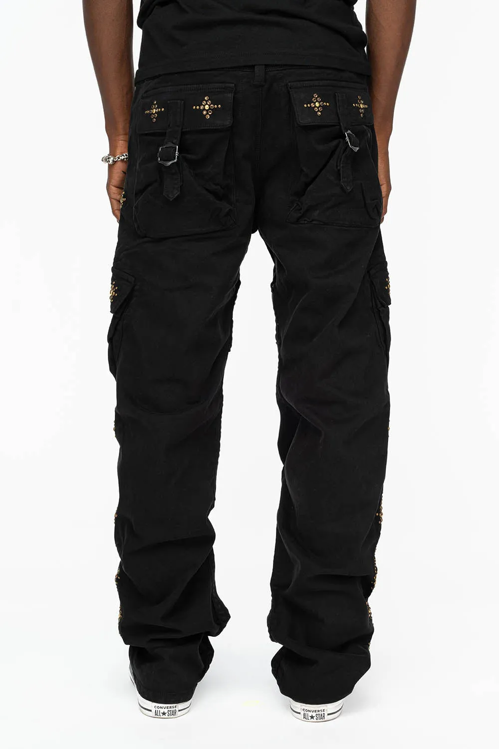 ROBINS NEW MILITARY STYLE CARGO PANTS IN BLACK WITH WITH GUNSLINGER CRYSTAL MOTIF