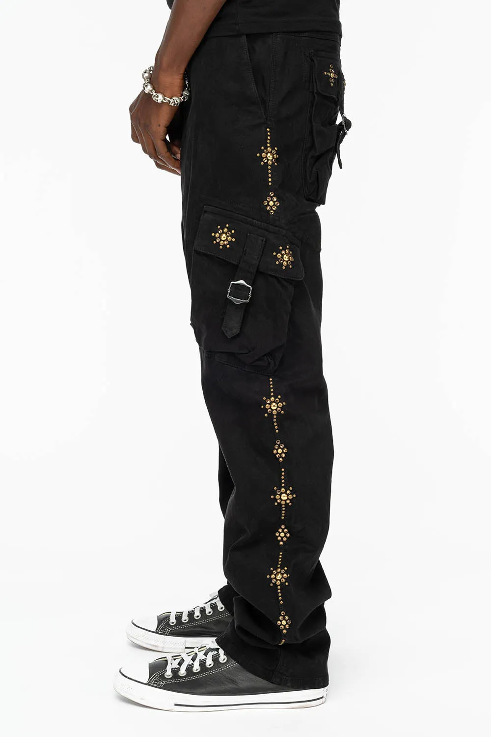 ROBINS NEW MILITARY STYLE CARGO PANTS IN BLACK WITH WITH GUNSLINGER CRYSTAL MOTIF