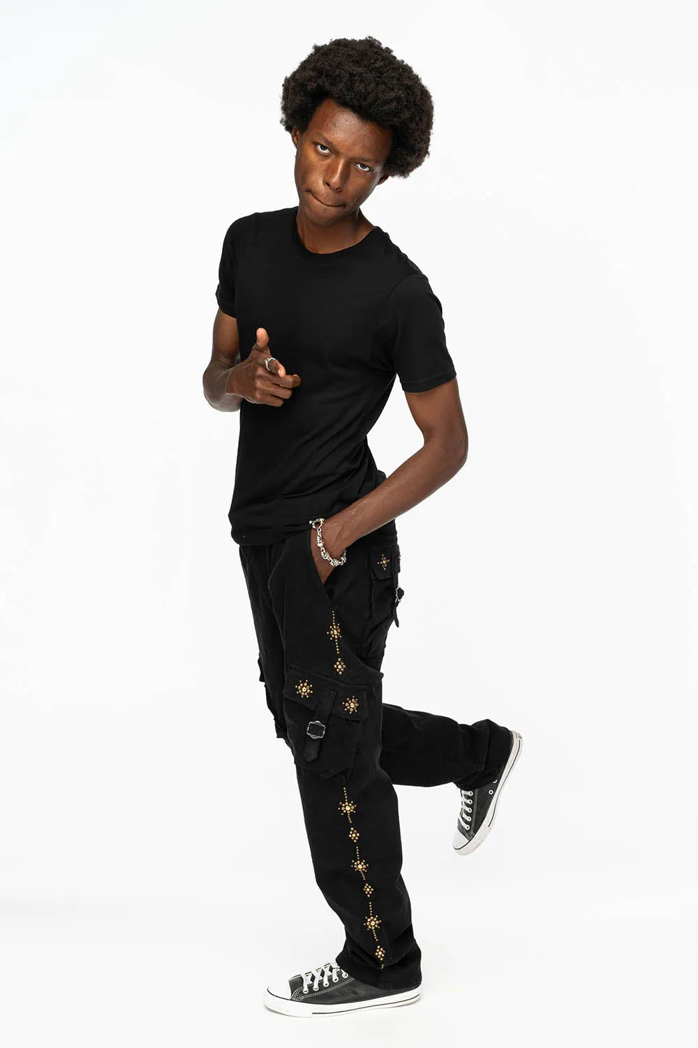 ROBINS NEW MILITARY STYLE CARGO PANTS IN BLACK WITH WITH GUNSLINGER CRYSTAL MOTIF