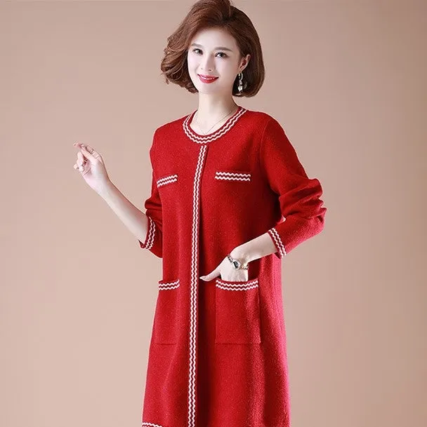 Round Neck Long Sleeve Wavy Grain Knee Length A-line Knit Dress