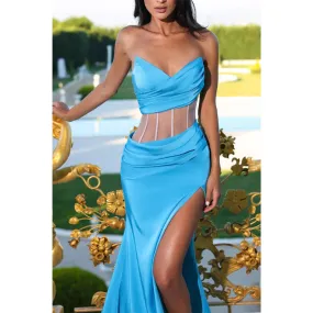 Sexy V Neck Satin Pleats High Split Mermaid Formal Evening Gowns