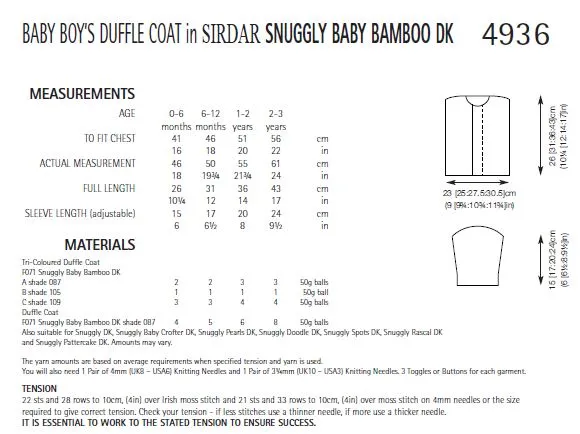 Sirdar 4936 Baby Boy´s Duffle Coat in Snuggly Baby Bamboo DK (PDF)