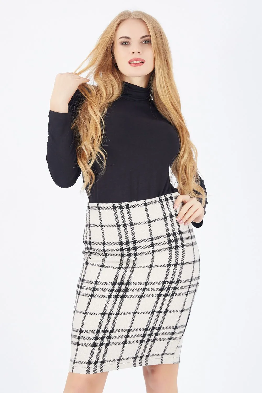 SNS Sense Black and White Plaid Pencil Skirt - Arrecife