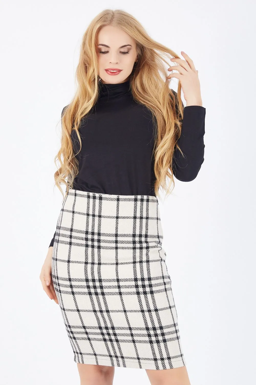 SNS Sense Black and White Plaid Pencil Skirt - Arrecife