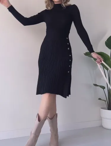 Solid Color Sweater Pleated Dress