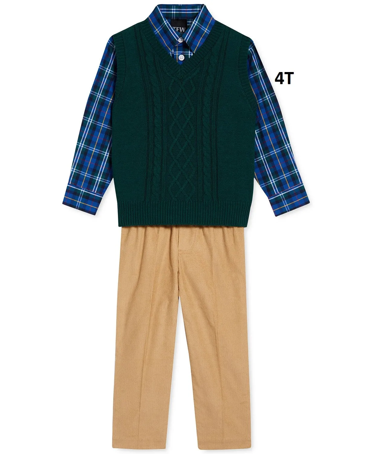 Tommy Hilfiger Boys 3-Pc Cable-Knit Sweater Vest Plaid Shirt, Corduroy Pants Set