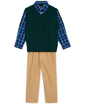 Tommy Hilfiger Boys 3-Pc Cable-Knit Sweater Vest Plaid Shirt, Corduroy Pants Set