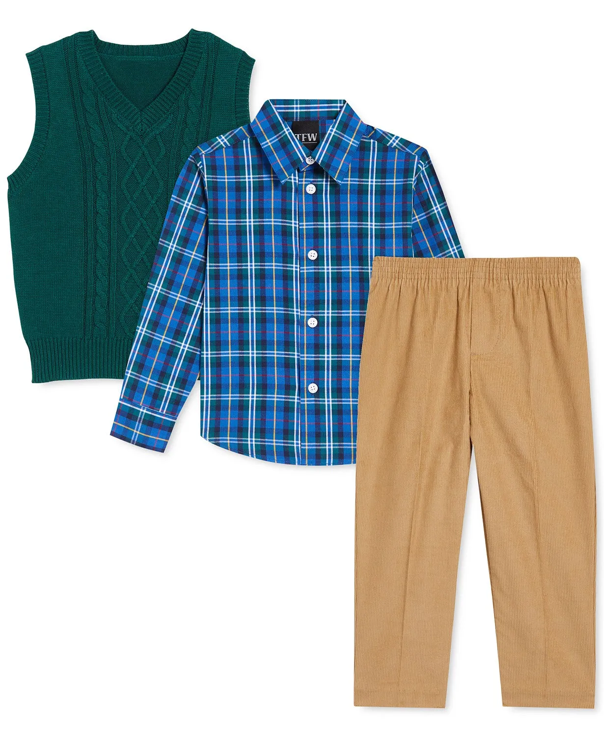 Tommy Hilfiger Boys 3-Pc Cable-Knit Sweater Vest Plaid Shirt, Corduroy Pants Set