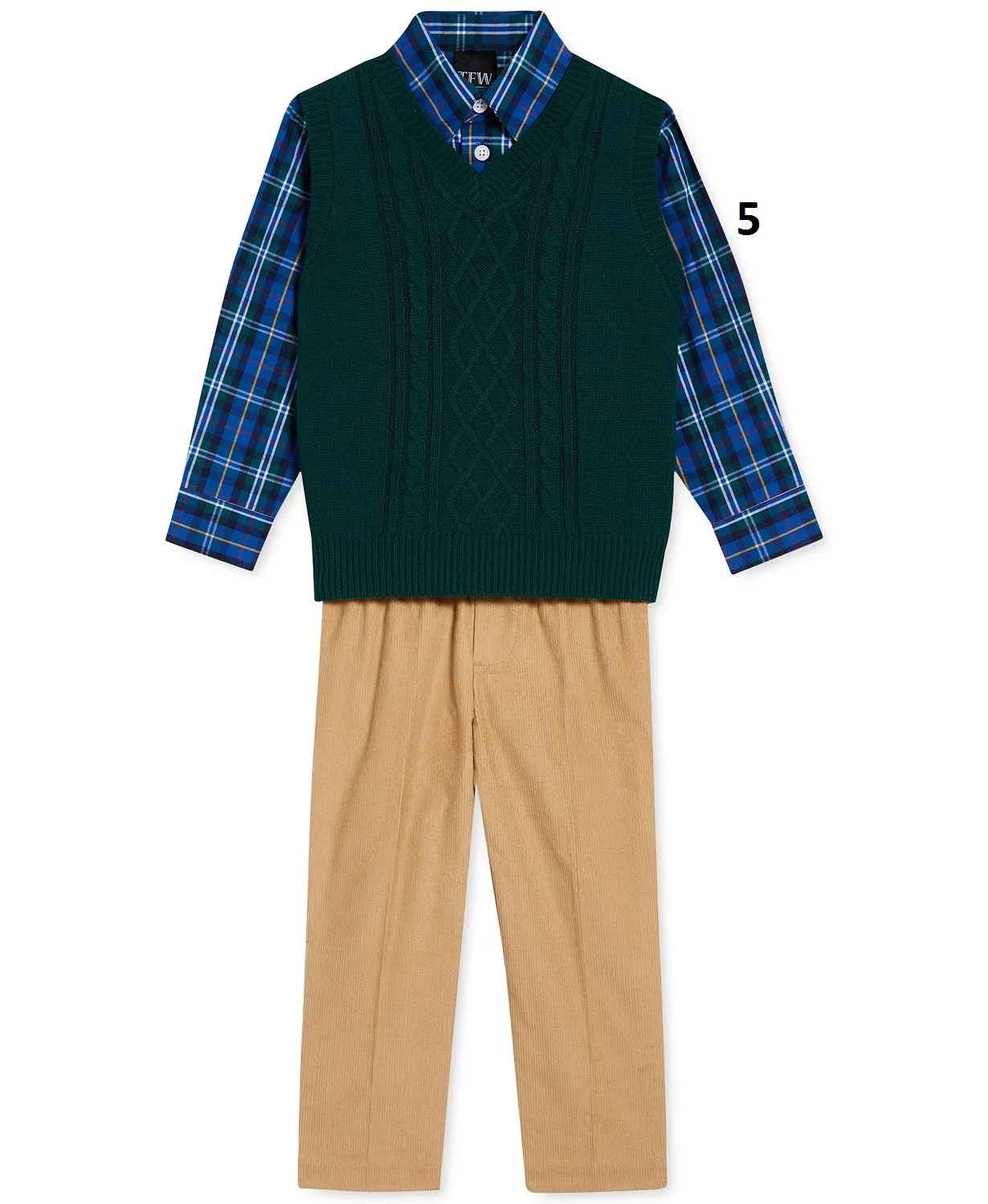 Tommy Hilfiger Boys 3-Pc Cable-Knit Sweater Vest Plaid Shirt, Corduroy Pants Set