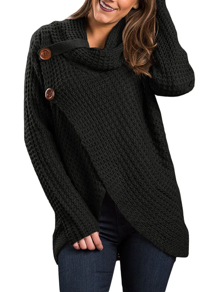 Turtleneck Irregular Buttons Wrapped Women Cardigan