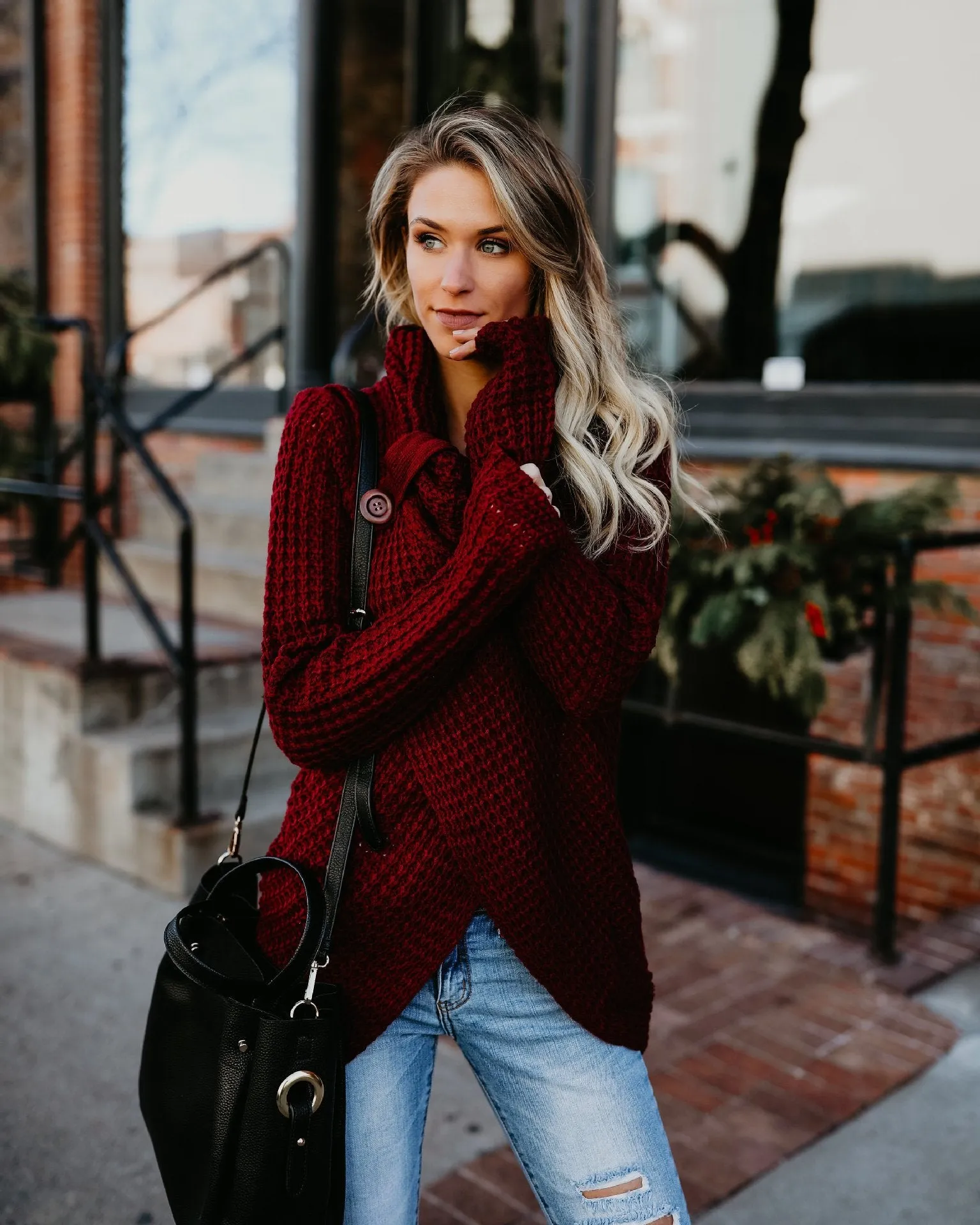 Turtleneck Irregular Buttons Wrapped Women Cardigan