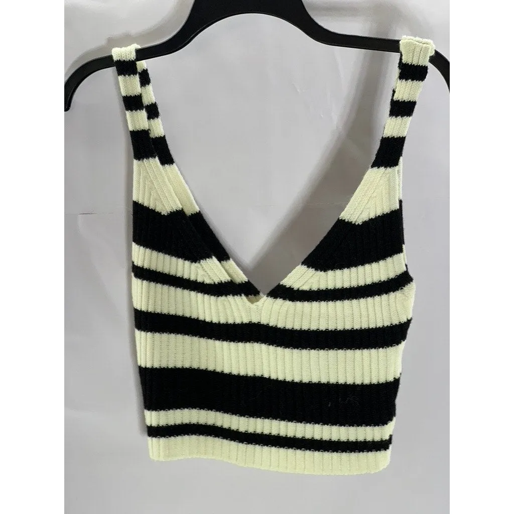 UNBRANDED Women's Black/Cream Striped Double V-Neck Knit Crop Tank Top SZ XS