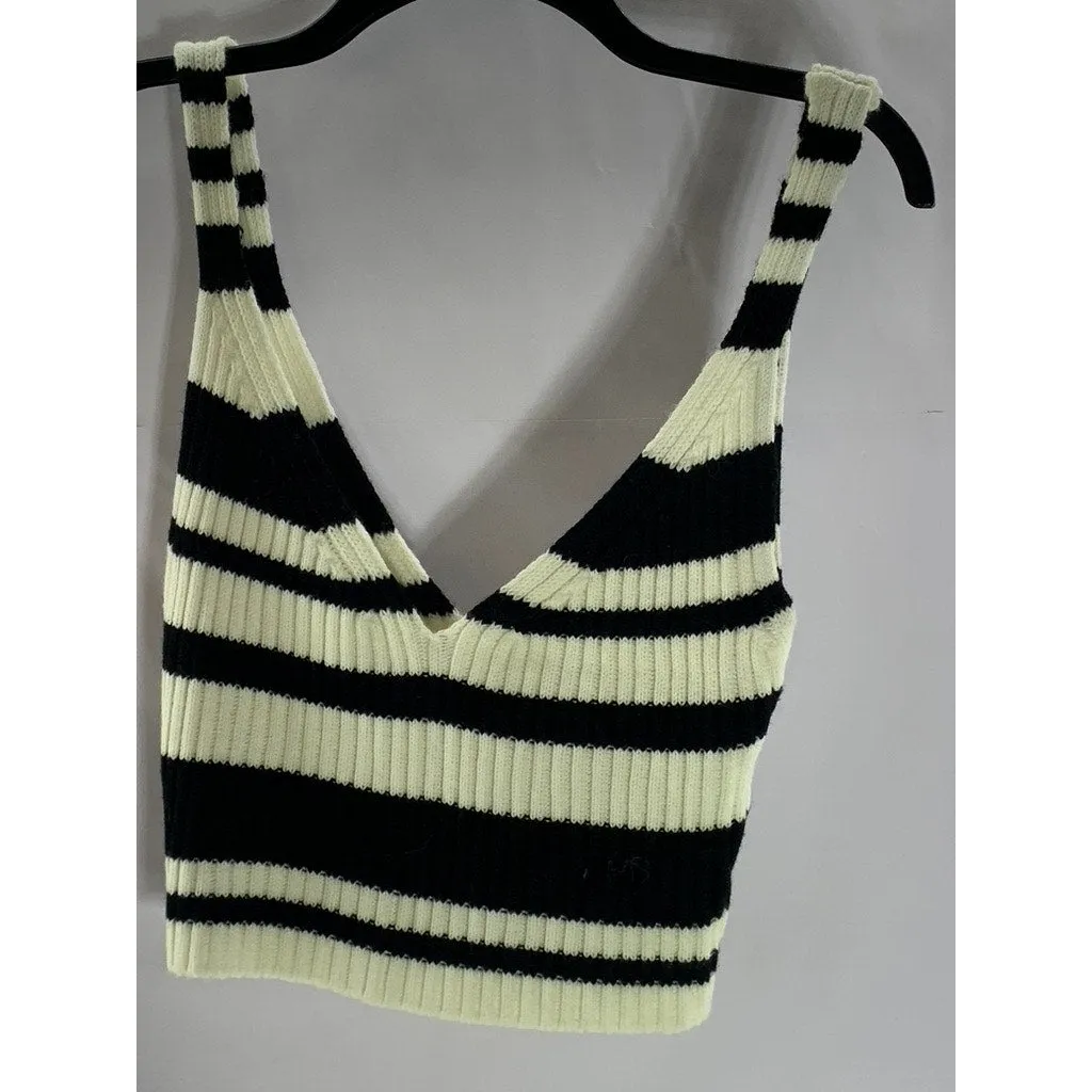 UNBRANDED Women's Black/Cream Striped Double V-Neck Knit Crop Tank Top SZ XS