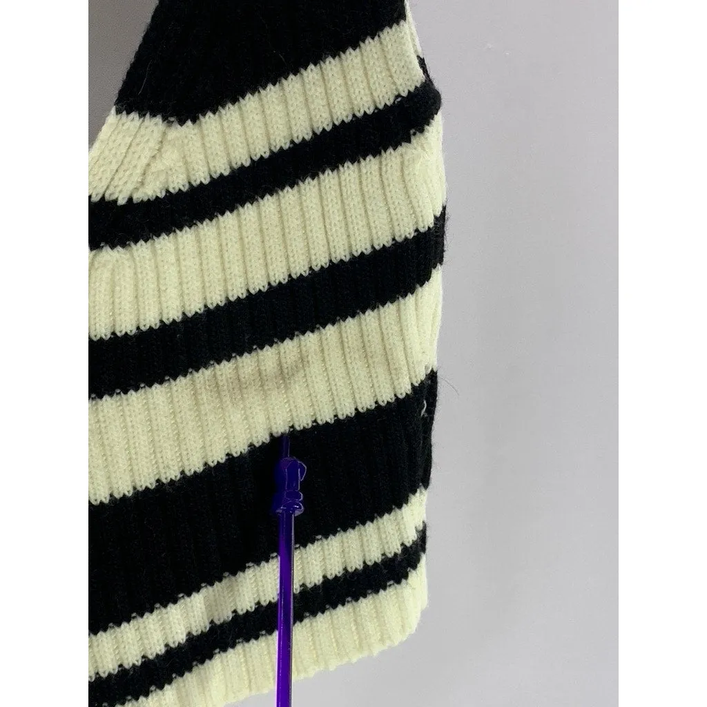 UNBRANDED Women's Black/Cream Striped Double V-Neck Knit Crop Tank Top SZ XS