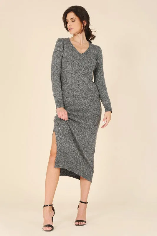 V-neck sweater maxi dress | Casual Long Stretch Sweater Dress With Side Slit