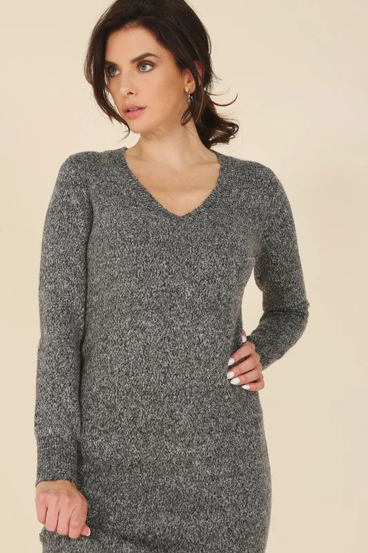 V-neck sweater maxi dress | Casual Long Stretch Sweater Dress With Side Slit