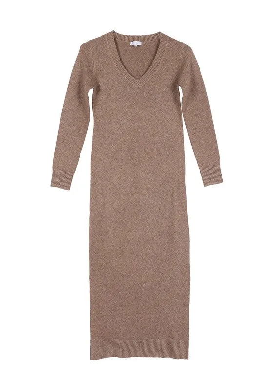 V-neck sweater maxi dress | Casual Long Stretch Sweater Dress With Side Slit