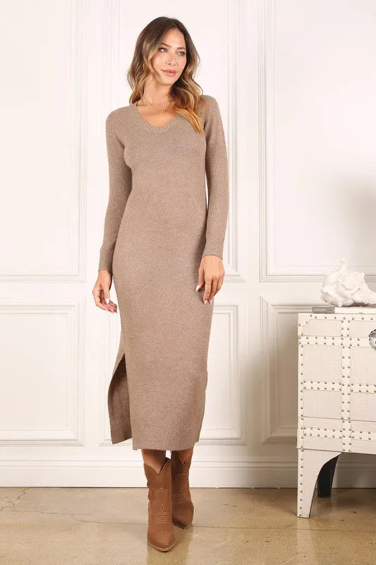 V-neck sweater maxi dress | Casual Long Stretch Sweater Dress With Side Slit