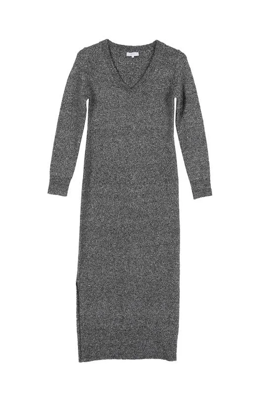 V-neck sweater maxi dress | Casual Long Stretch Sweater Dress With Side Slit