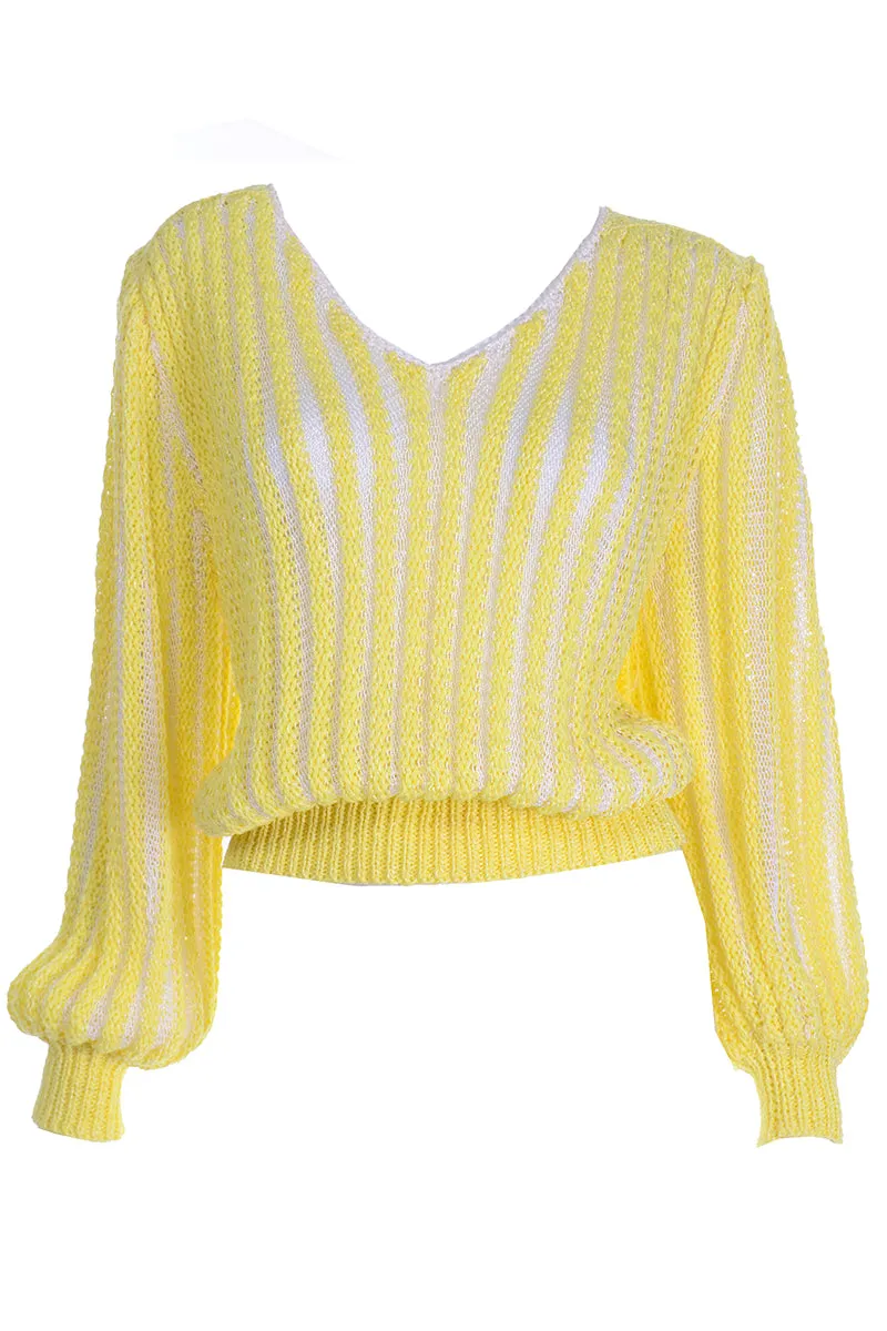Vintage Nannell Yellow Knit Spring Summer Sweater Top With Balloon Sleeves
