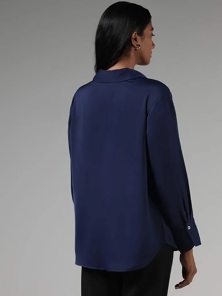 Wardrobe Solid Navy Satin Slim Fit Shirt