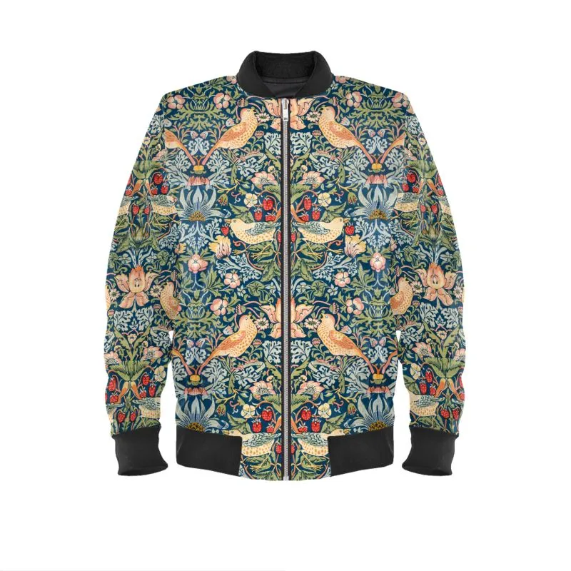 William Morris "The Strawberry Thieves" Bomber Jacket in Marbled Velvet, Satin, Jersey or Waterproof Outer