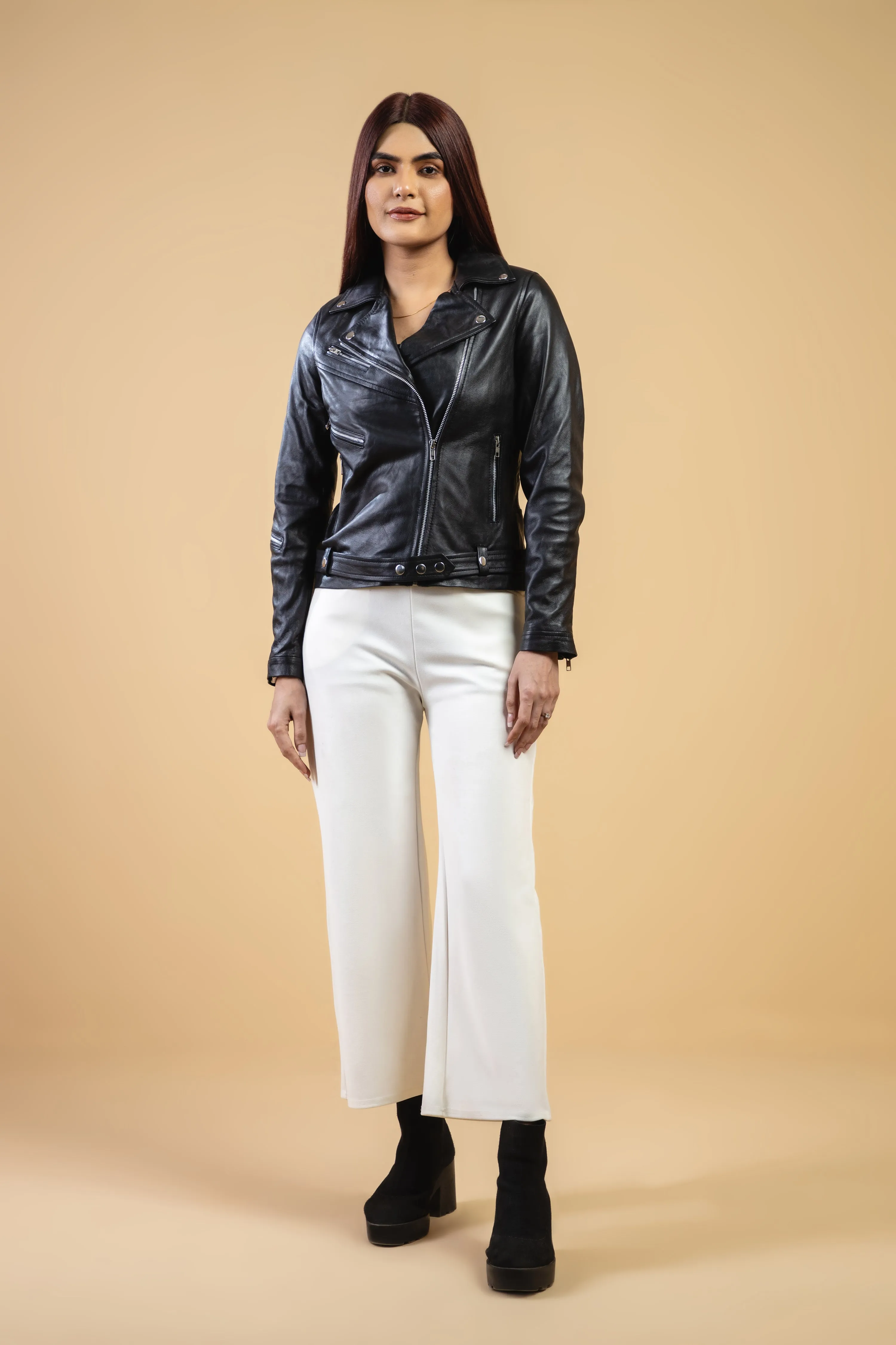 Woman Real Leather Classic Biker Leather Jacket Soft Lambskin