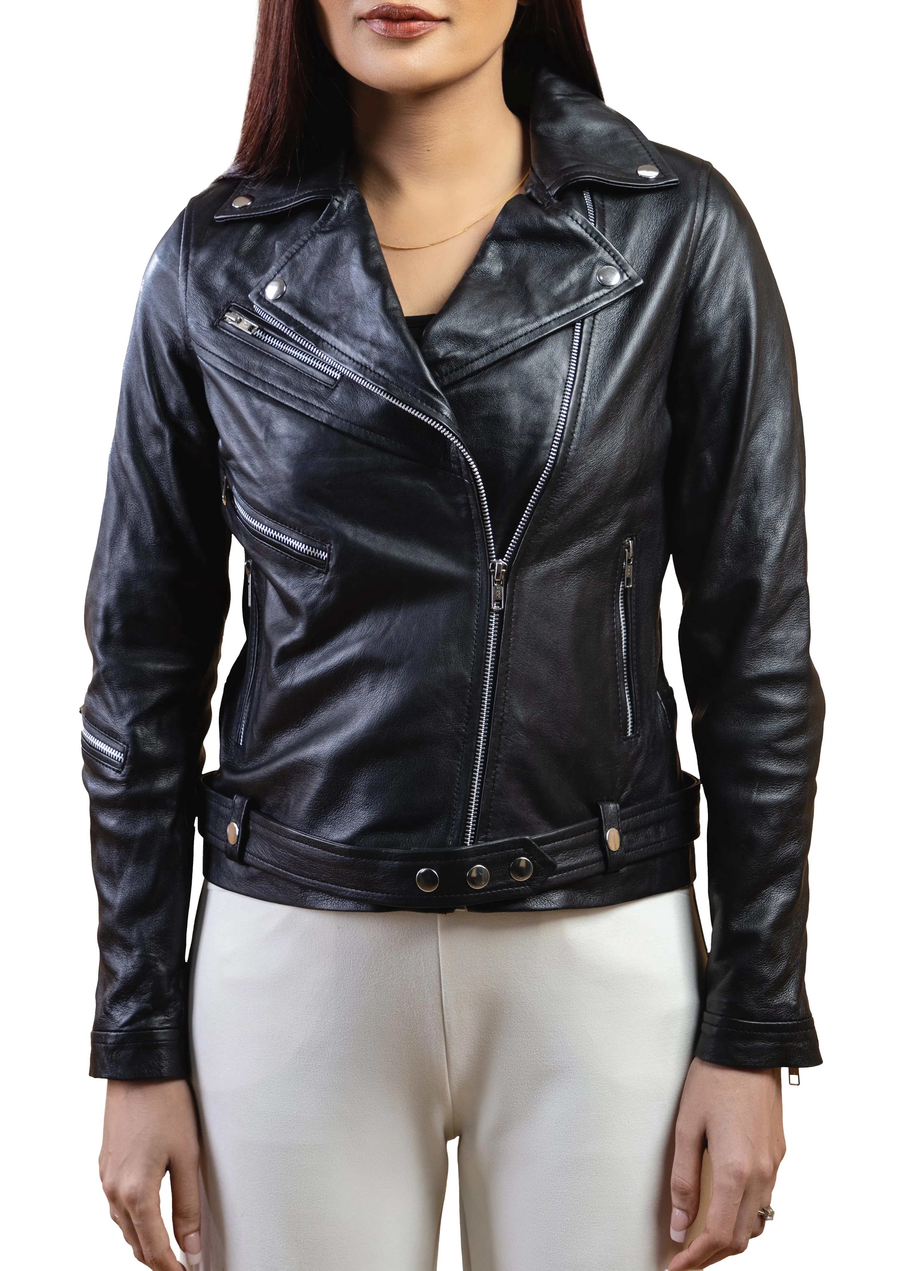 Woman Real Leather Classic Biker Leather Jacket Soft Lambskin