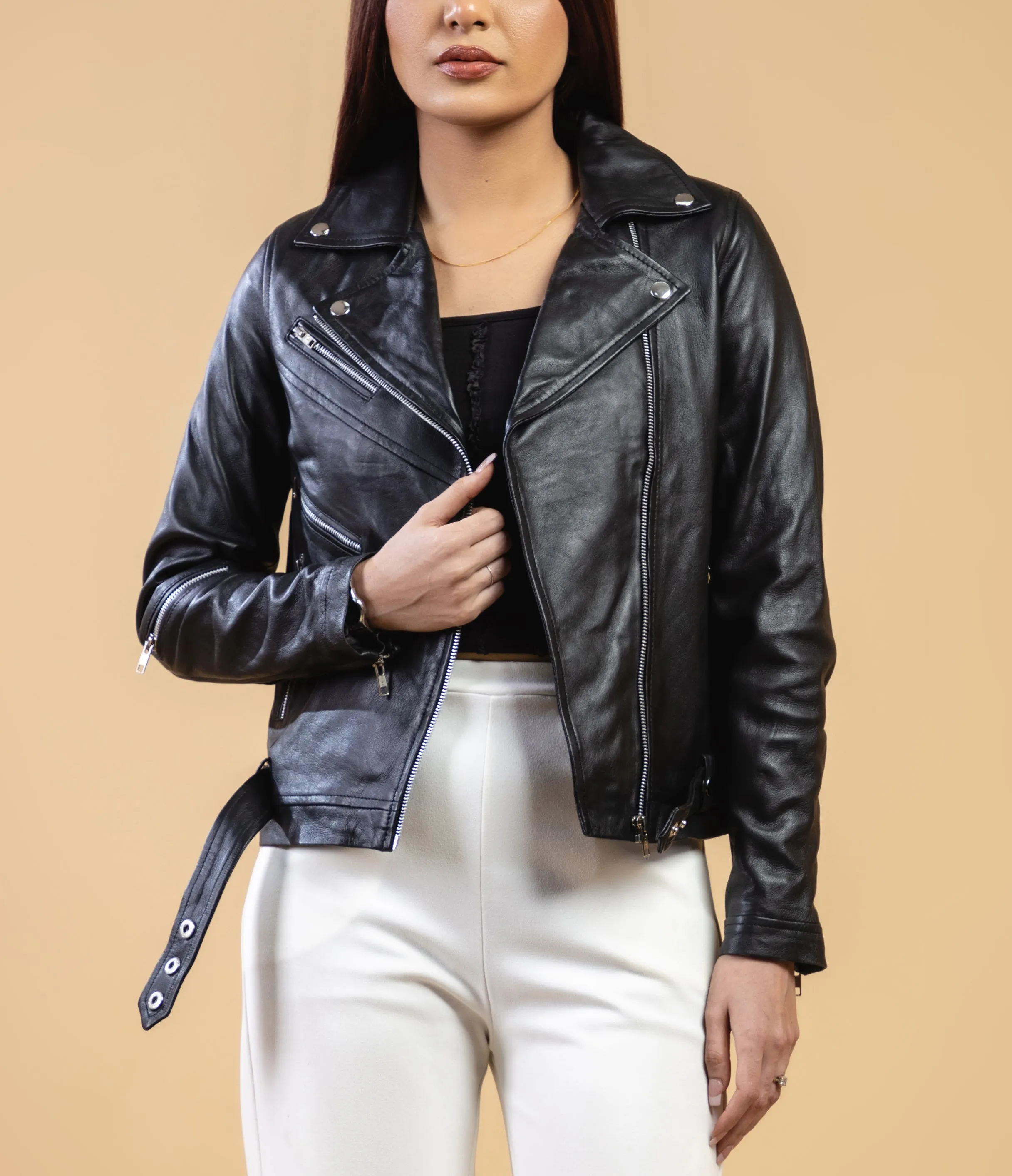 Woman Real Leather Classic Biker Leather Jacket Soft Lambskin