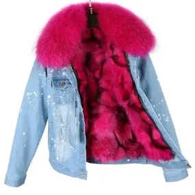 Women's Winter Casual Slim Denim Parka With Raccoon Fur