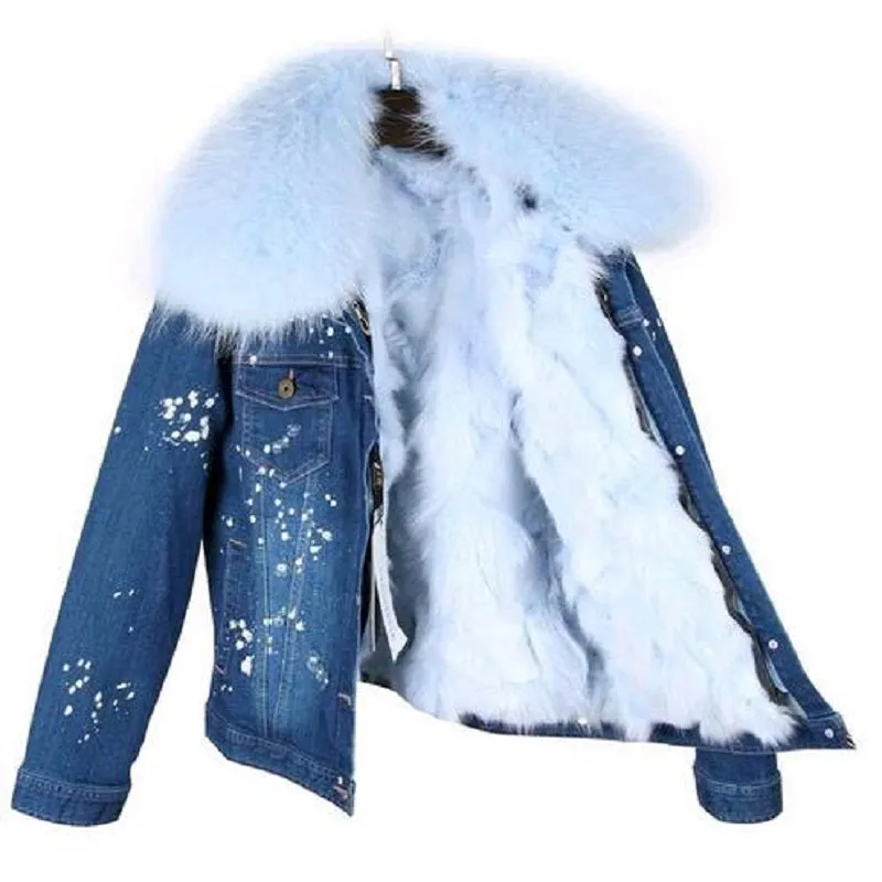 Women's Winter Casual Slim Denim Parka With Raccoon Fur