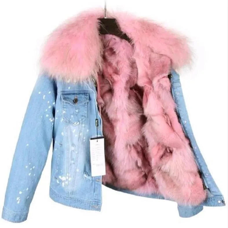 Women's Winter Casual Slim Denim Parka With Raccoon Fur