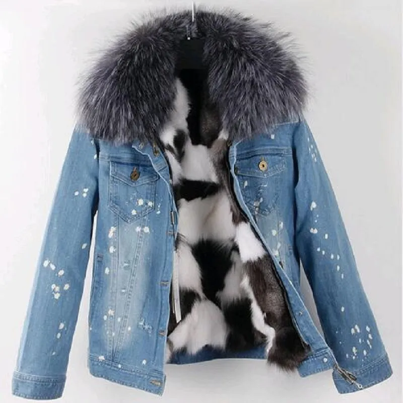 Women's Winter Casual Slim Denim Parka With Raccoon Fur