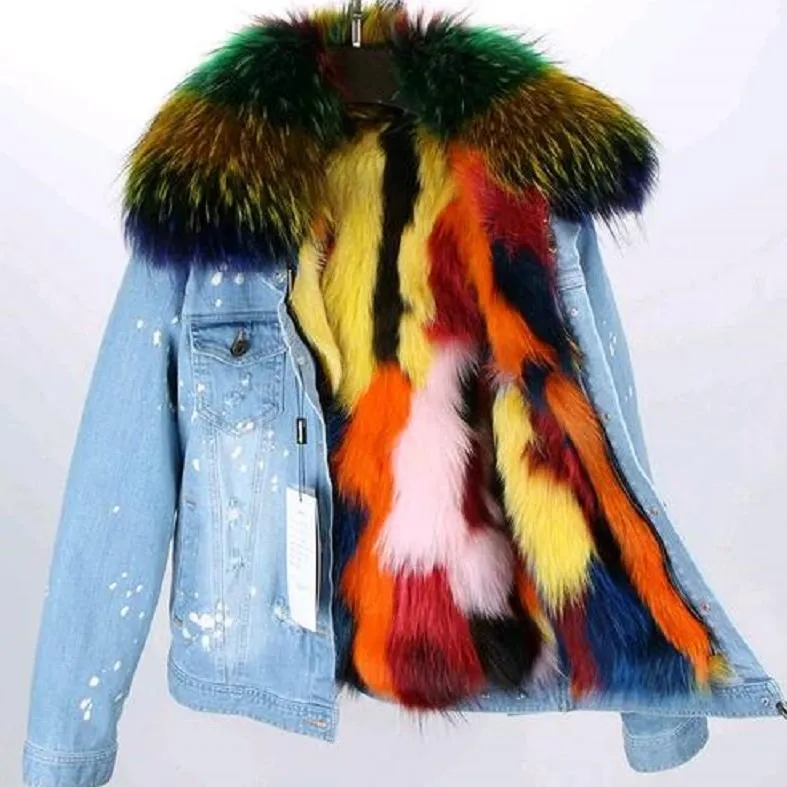 Women's Winter Casual Slim Denim Parka With Raccoon Fur