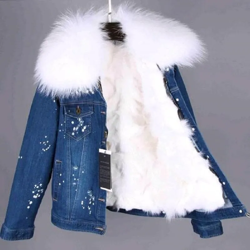 Women's Winter Casual Slim Denim Parka With Raccoon Fur