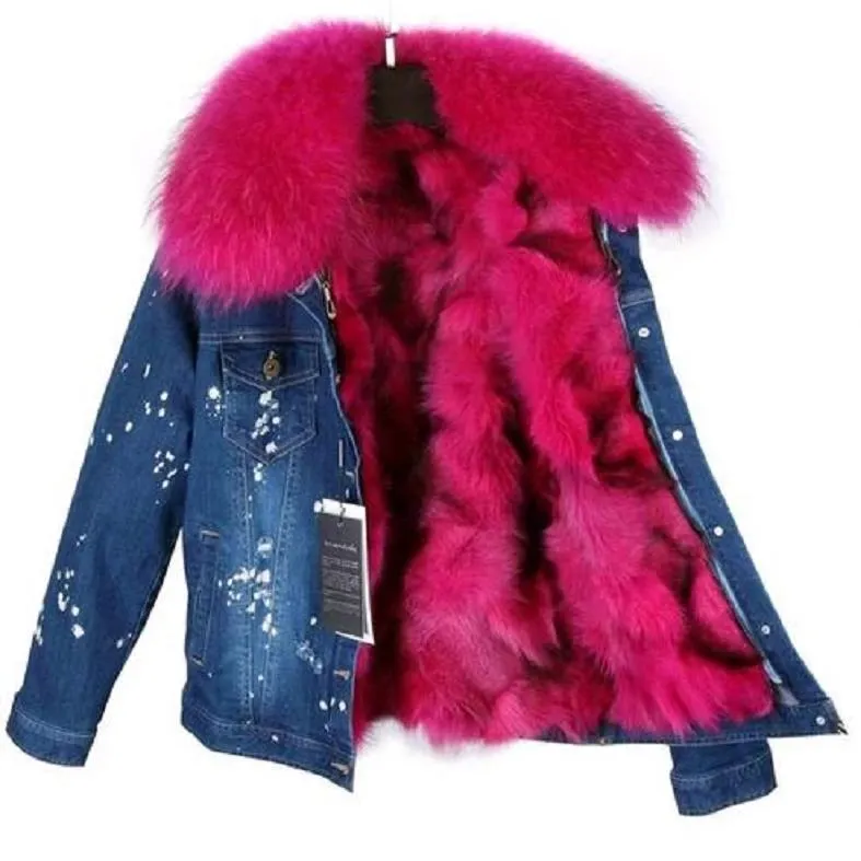 Women's Winter Casual Slim Denim Parka With Raccoon Fur