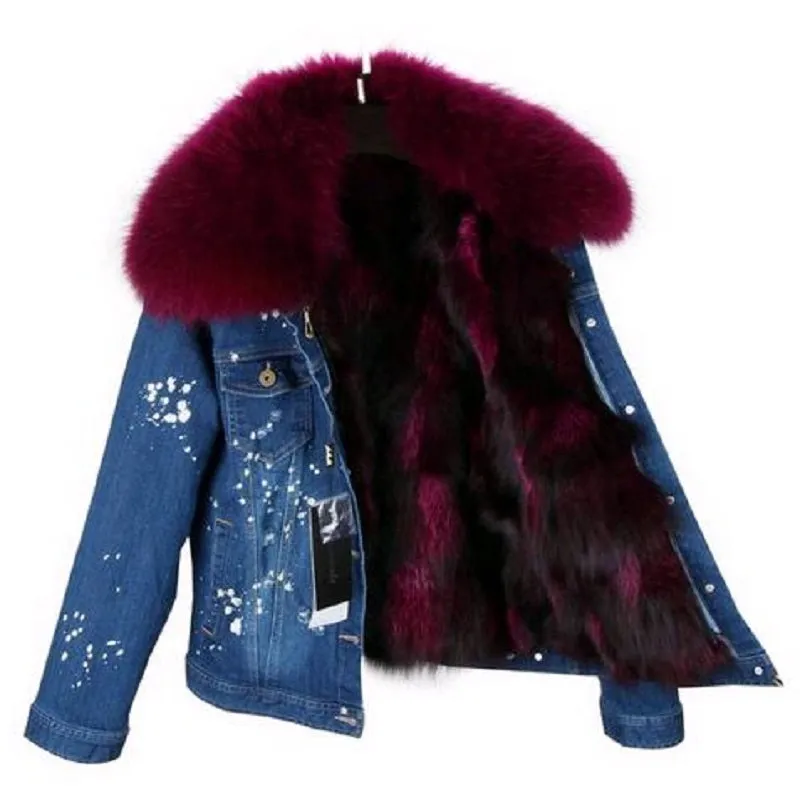 Women's Winter Casual Slim Denim Parka With Raccoon Fur