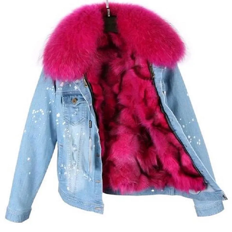 Women's Winter Casual Slim Denim Parka With Raccoon Fur