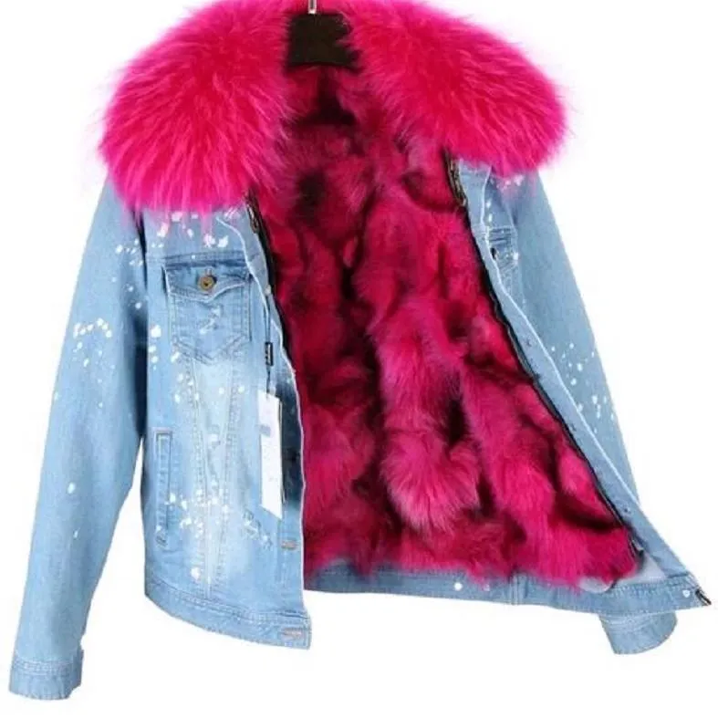 Women's Winter Casual Slim Denim Parka With Raccoon Fur
