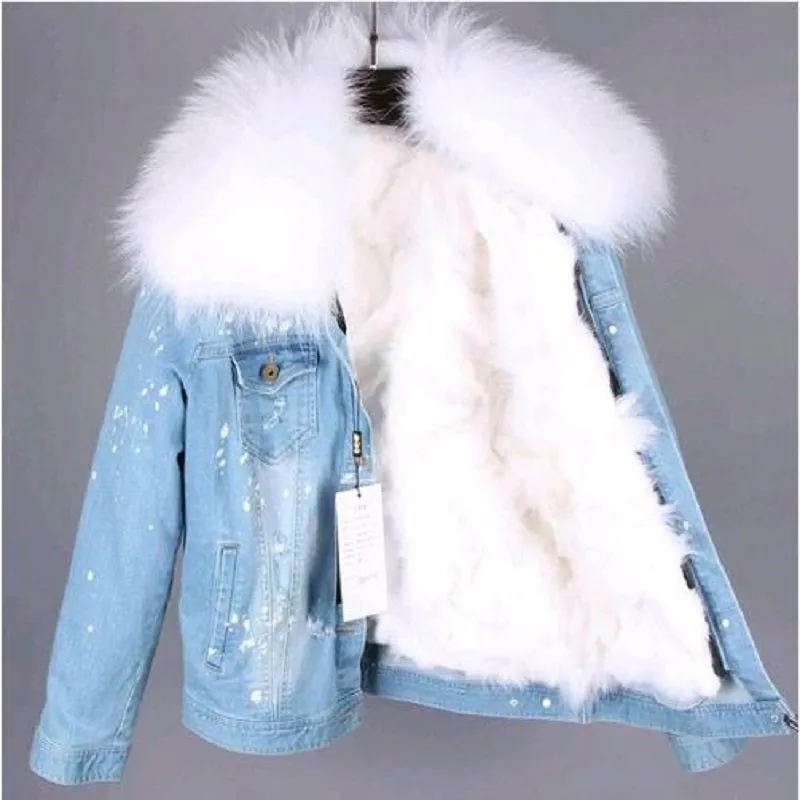 Women's Winter Casual Slim Denim Parka With Raccoon Fur