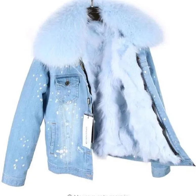 Women's Winter Casual Slim Denim Parka With Raccoon Fur